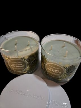 Bath & Body Works Sugared Pine Needles 3-Wick Candles - Green & Gold Accents